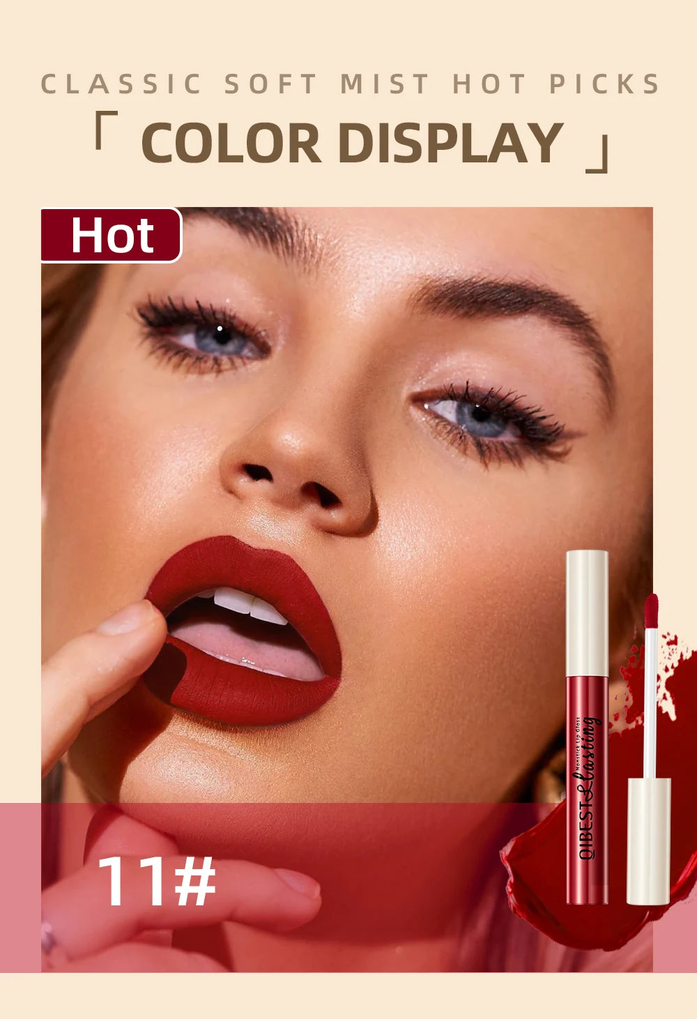 QIBEST Matte Liquid Lipstick – Waterproof, Long-Lasting Velvet Lip Gloss, Nude & Red