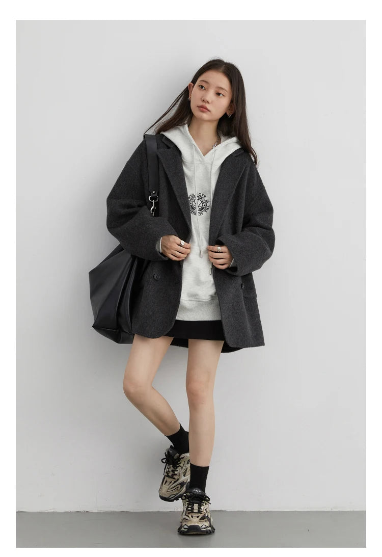 Women’s Double-Breasted Wool Coat – Loose Retro Office Style