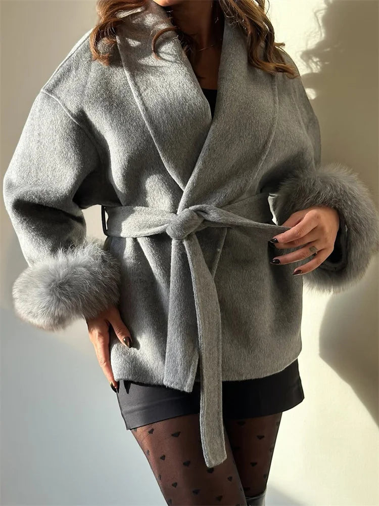Tossy Women’s Short Wool Coat with Fox Fur – Elegant Double-Sided Overcoat