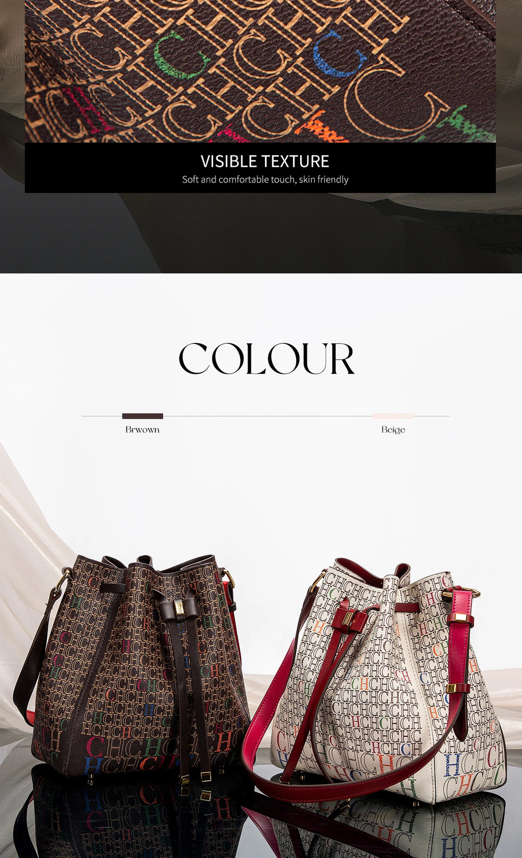 Women's Handbag New Drawstring Bucket Bag Coffee Color Letter Printed Wallet