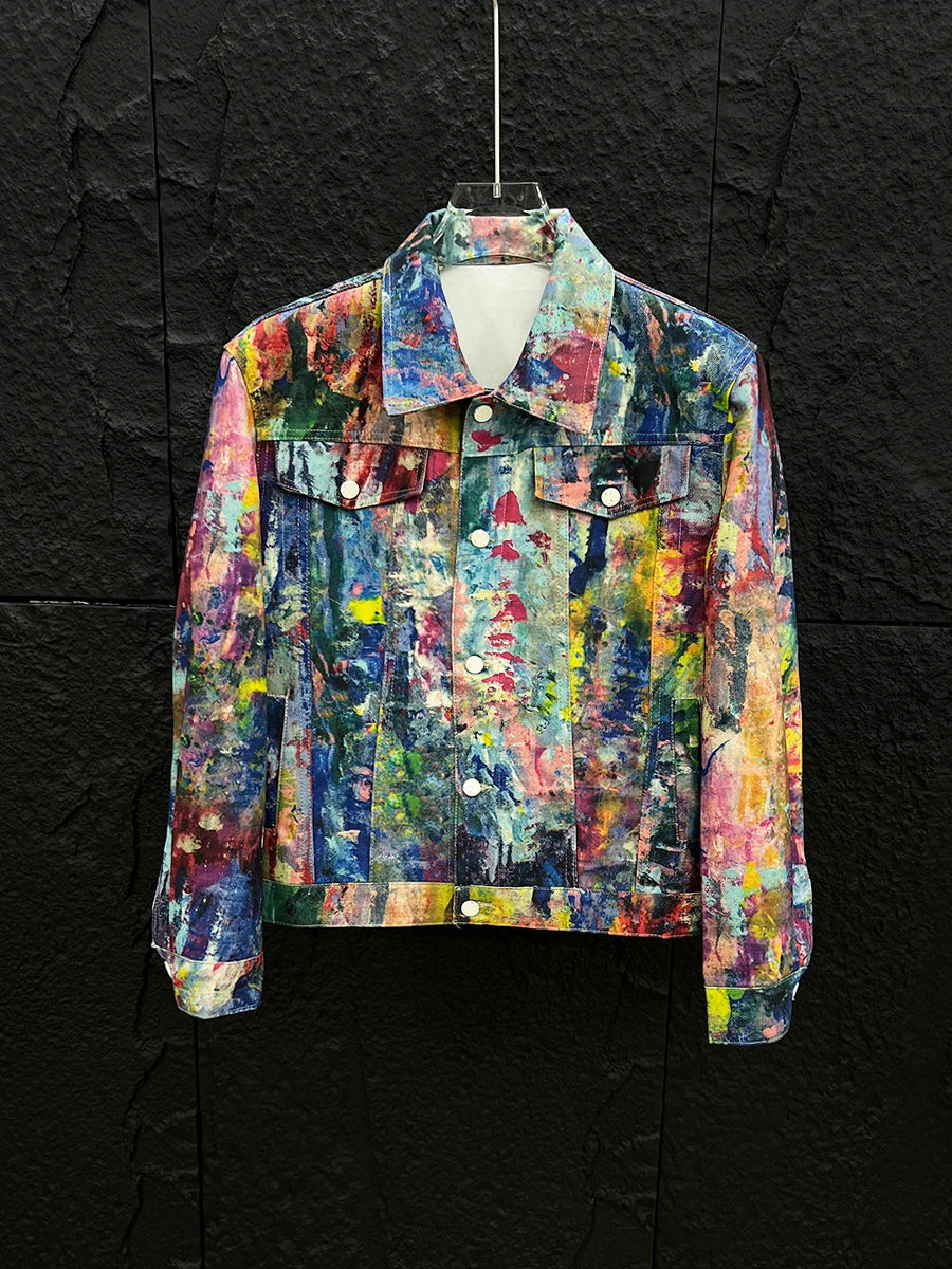Men’s Graffiti Denim Jacket – Colorful Oil Painting Style, Trendy Loose-Fit Casual Coat