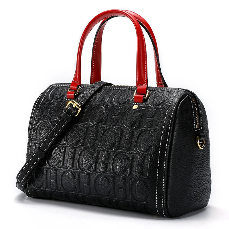 Women's Shoulder Bag Black Cow Leather Letter Embossed Zipper Tote Bag 26*14.5*18cm
