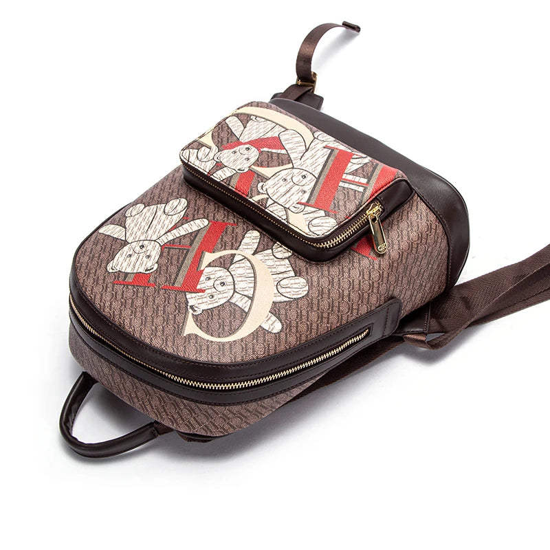 Alphabet Women's Backpack Large Capacity Design Luxury Brand Fashion Little Bear Cartoon Pattern