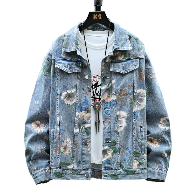 Vintage Floral Print Denim Jacket Men's Distressed Coat Streetwear Loose Fit Long Sleeve Jackets Korean Bomber Jeans Jacket
