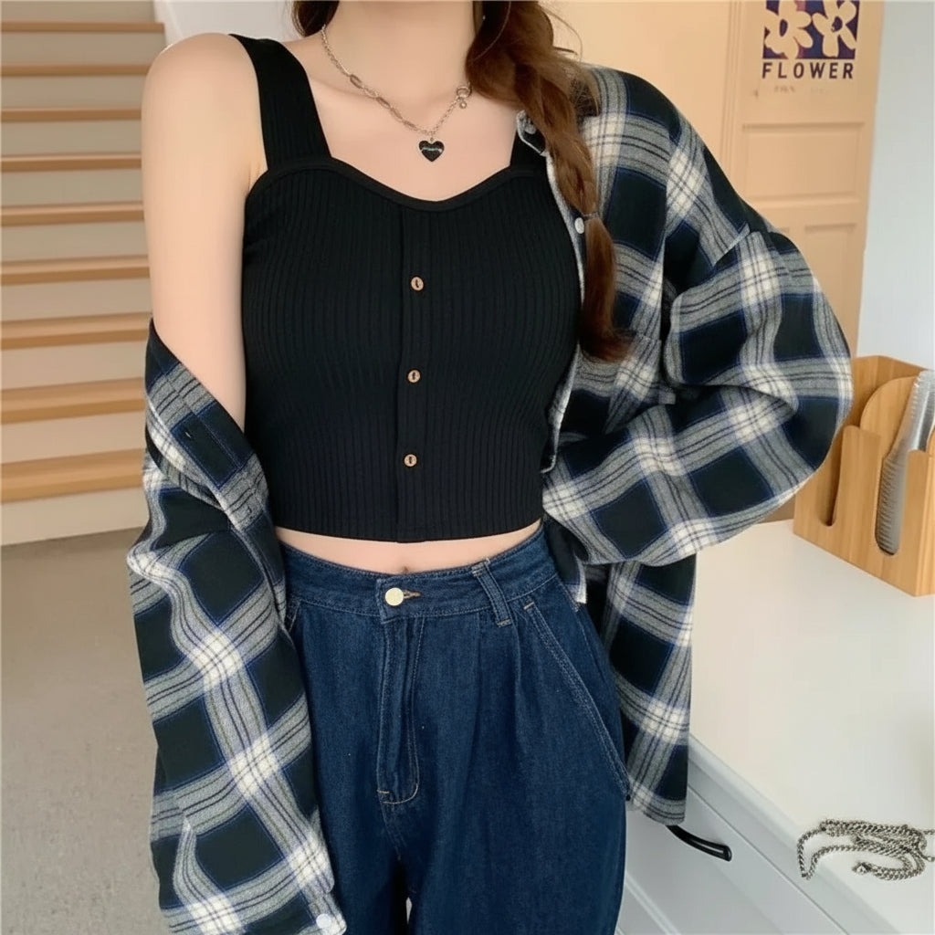 Women's Y2K Corset Crop Top – Padded Camisole with Korean Suspenders, Slim & Sexy