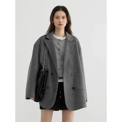 Women’s Double-Breasted Wool Coat – Loose Retro Office Style