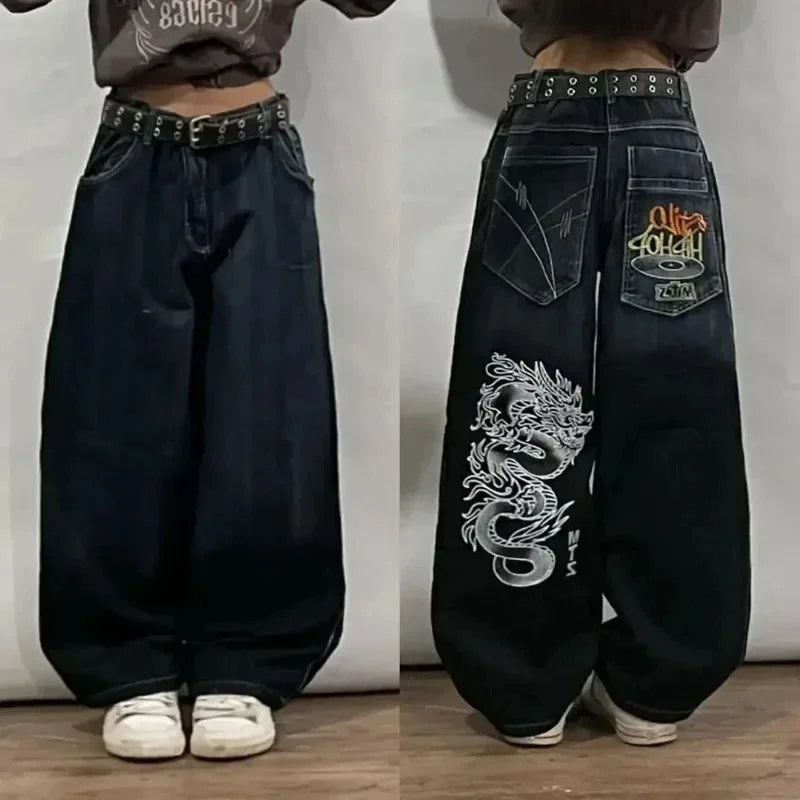 Y2K Patchwork Baggy Jeans – High Waist, Wide-Leg Harajuku Denim