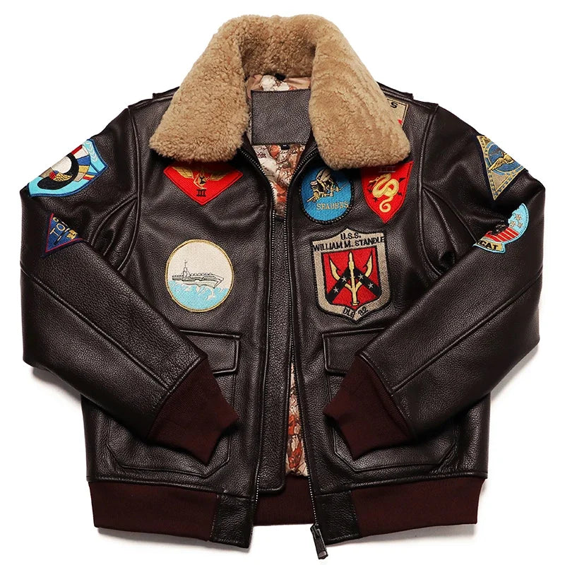 Men's quilted cowhide leather military flight jacket, winter overcoat, M212 style