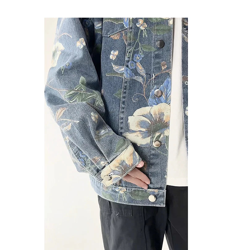 Vintage Floral Print Denim Jacket Men's Distressed Coat Streetwear Loose Fit Long Sleeve Jackets Korean Bomber Jeans Jacket