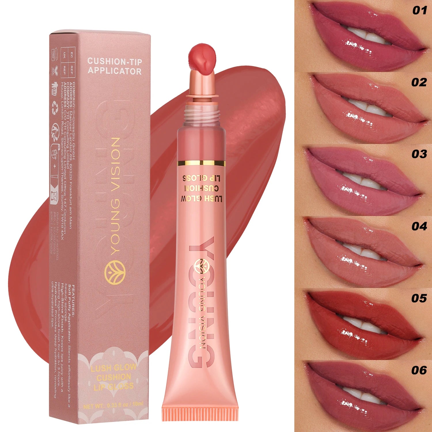 YOUNG VISION 6-Color Liquid Lip Gloss – Brightening, Moisturizing with Plush Brush