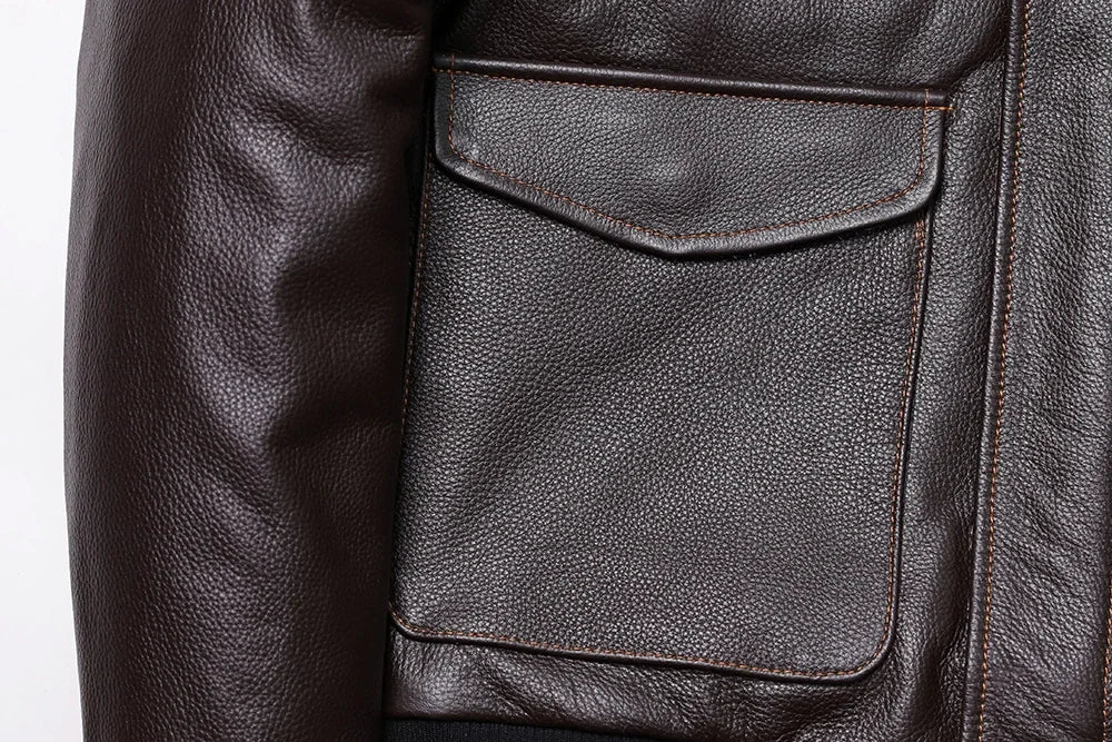 Men's A2-style genuine leather flight jacket made from cowhide and calfskin in brown