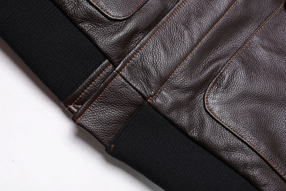 Men's A2-style genuine leather flight jacket made from cowhide and calfskin in brown