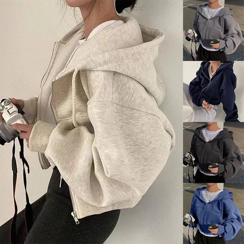 New Insfleece-lined Versatile Cropped Slims Smooths Silhouette Zip-up Warm Navy Blue