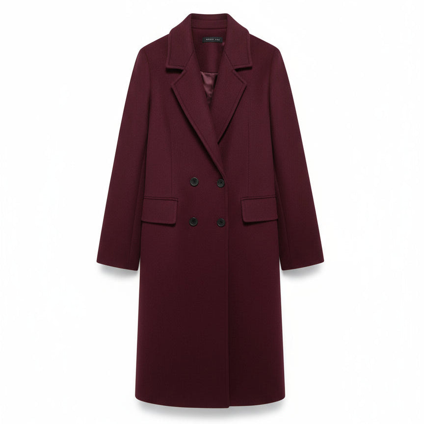 HH Women’s Burgundy Wool Coat – Double-Breasted, Long Sleeve Lapel Jacket