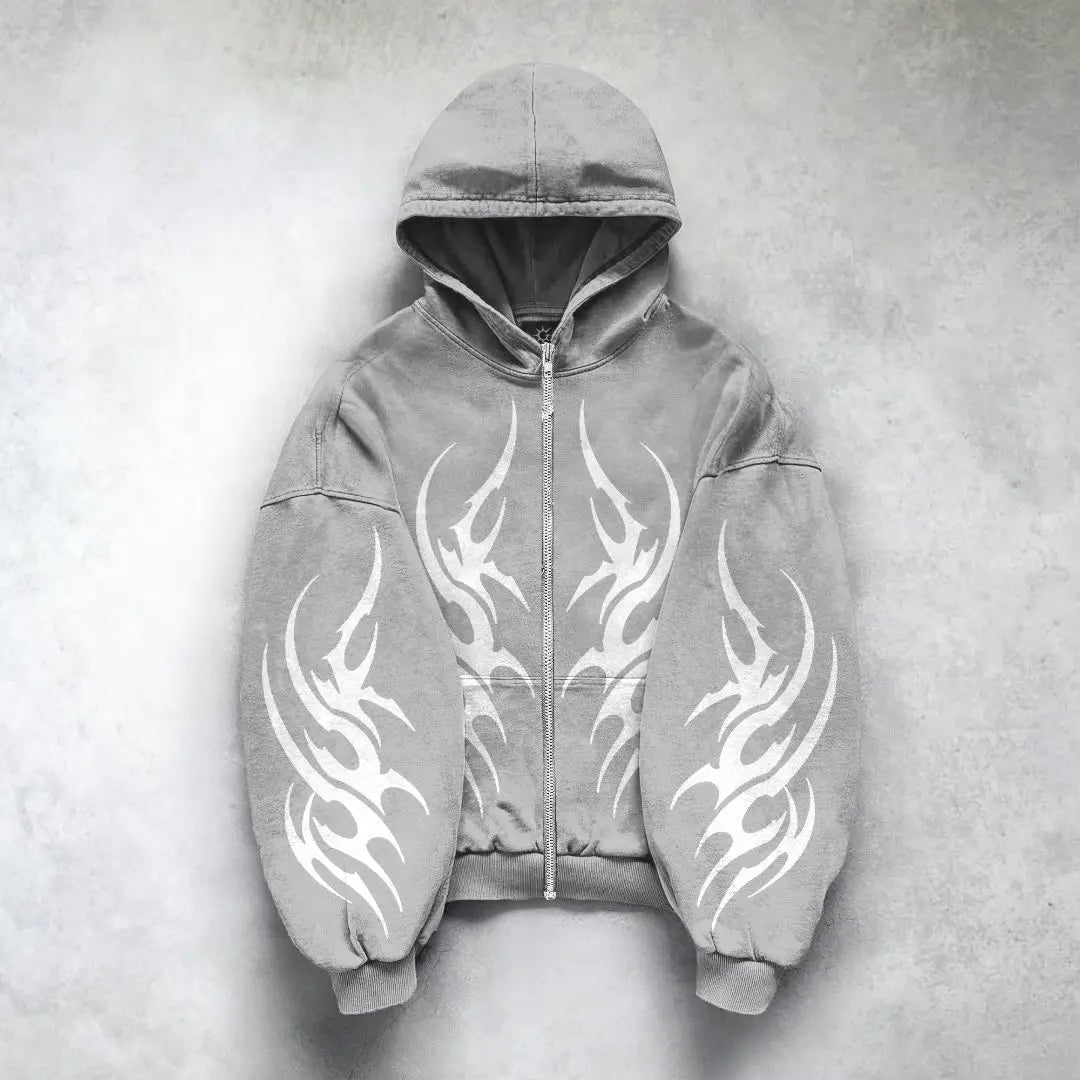 Gothic Punk Graphic Oversized Hoodie, Y2K Streetwear, Harajuku Style, Zipper, Casual Men’s Jacket