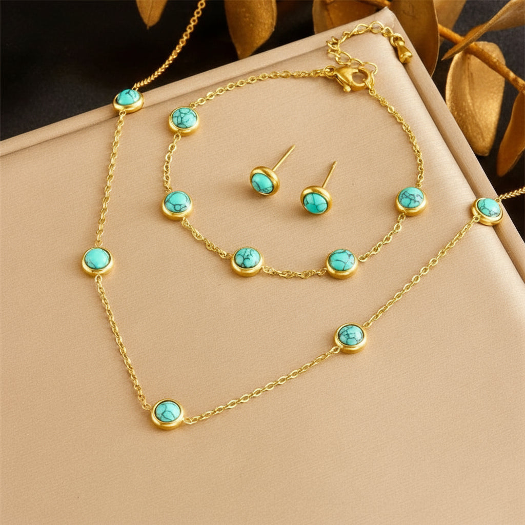 DIEYURO 316L Stainless Steel Jewelry Set – Turquoise Necklace, Bracelet & Earrings for Women