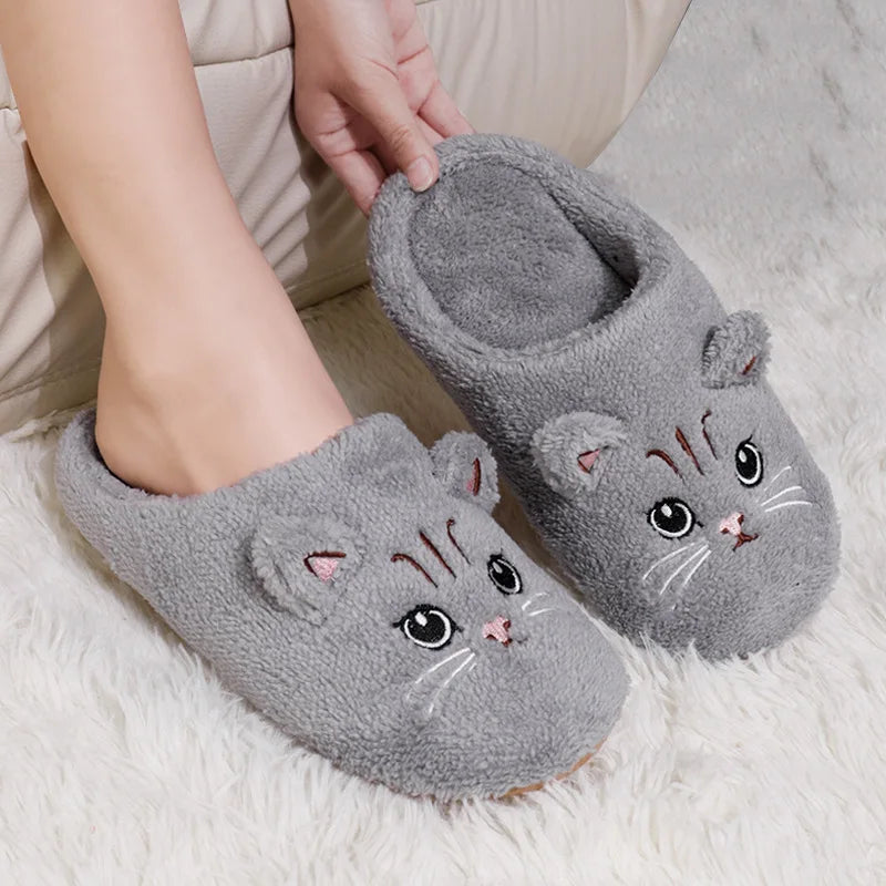 Cute Plush Cat Indoor Slippers – Women’s Non-Slip, Soft Sole, Warm Winter House Shoes