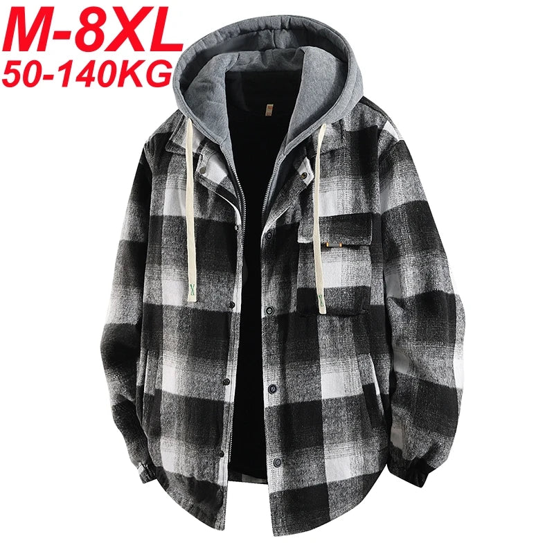 Men's Plus Size 7XL-8XL Hooded Shirt Jacket – Cotton Plaid, Loose Fit, 2-in-1 Style