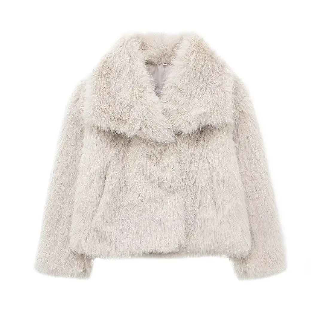HH Women Cropped Faux Fur Jacket – Chic Thick Coat with Lapel Collar & Snap Button