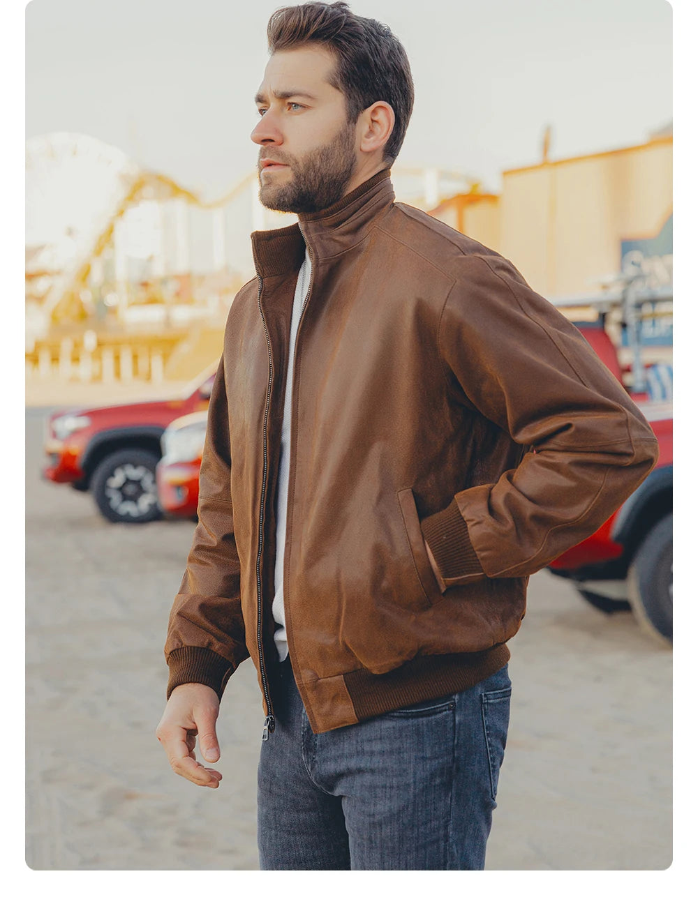 FLAVOR Men's Real Pigskin Leather Bomber Casual Jacket Stand Collar Leather Coat