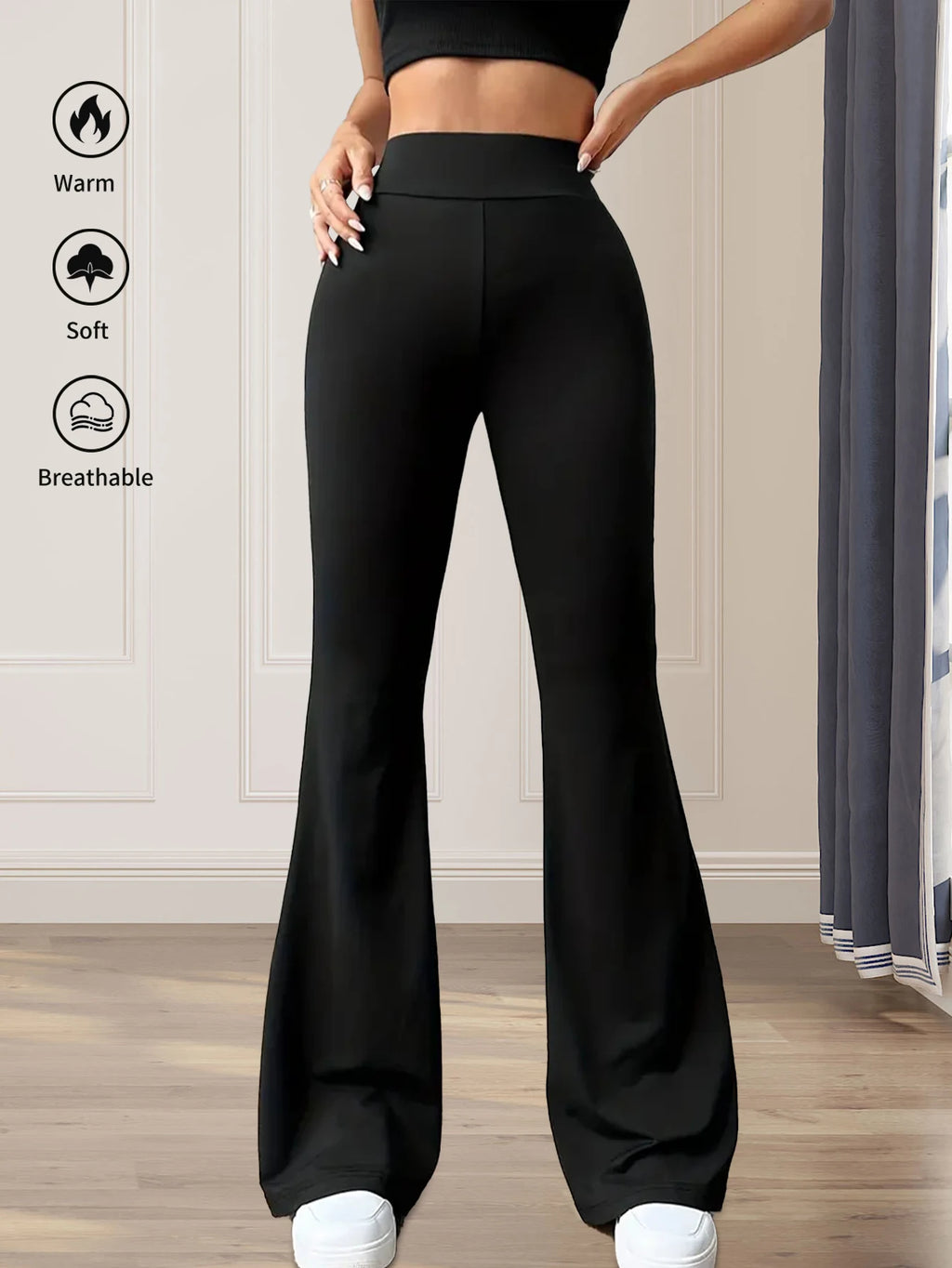 Women’s High-Waist Flared Pants – Slim Fit, Long Black Wide-Leg for Spring & Summer