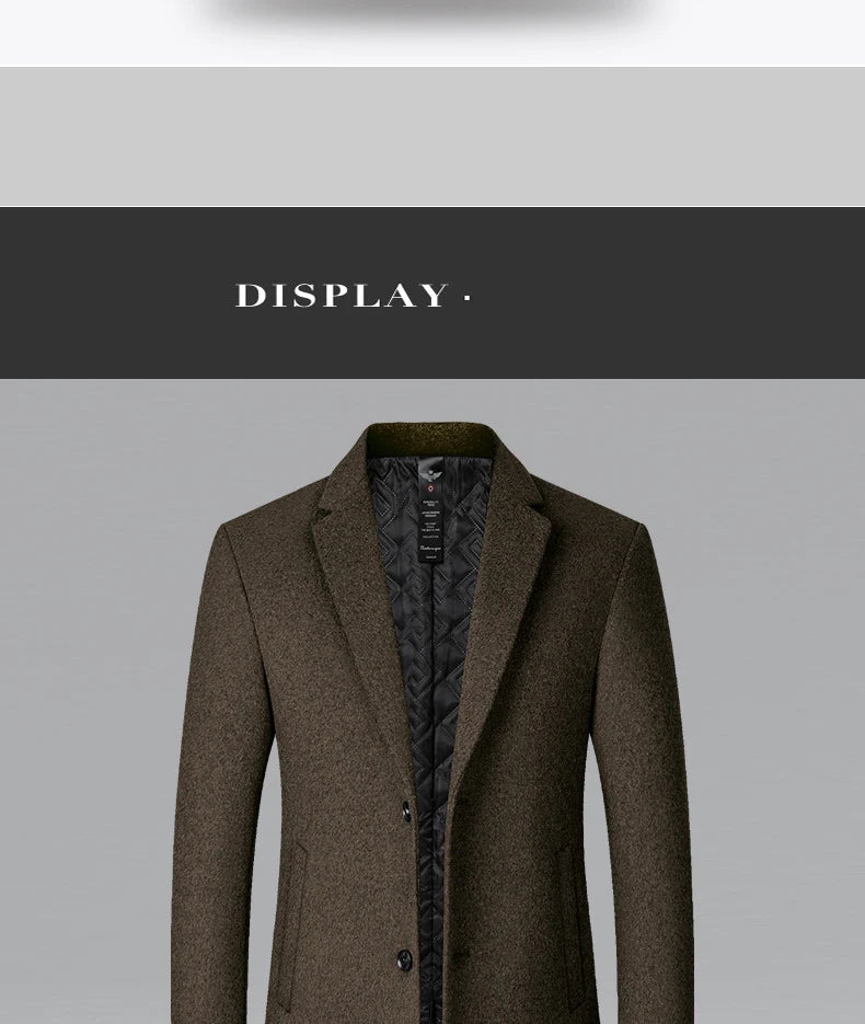 BROWON Men’s Wool Trench Coat – Long Solid Color Business Casual Windbreaker