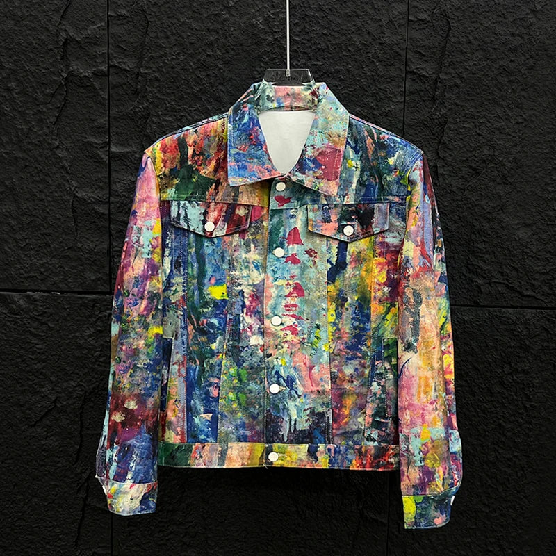 Men’s Graffiti Denim Jacket – Colorful Oil Painting Style, Trendy Loose-Fit Casual Coat