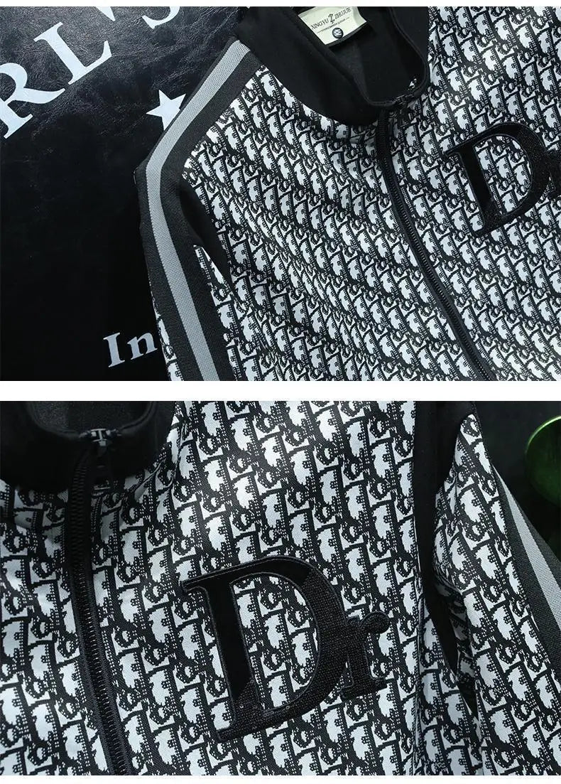 Fashion trend casual suit high-end men's long-sleeved splicing full print sports two-piece set