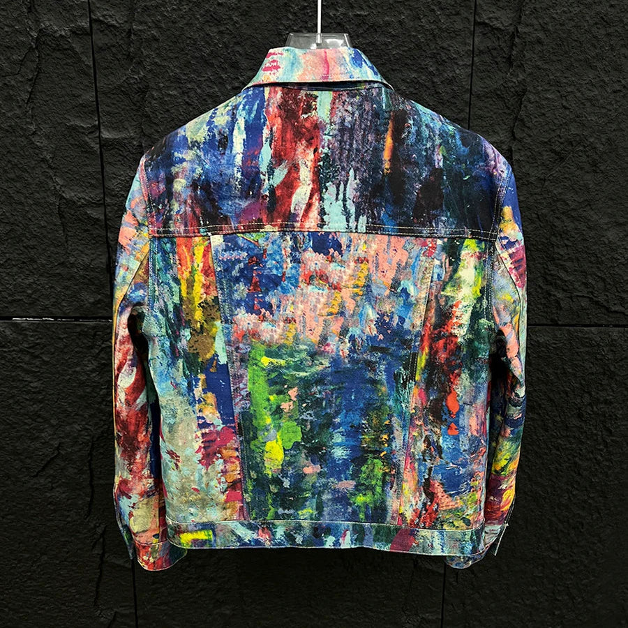 Men’s Graffiti Denim Jacket – Colorful Oil Painting Style, Trendy Loose-Fit Casual Coat