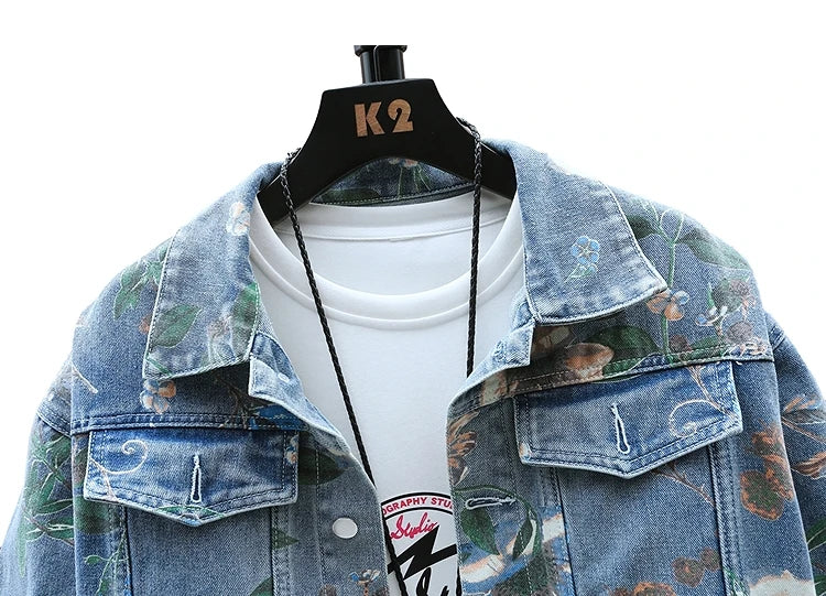 Vintage Floral Print Denim Jacket Men's Distressed Coat Streetwear Loose Fit Long Sleeve Jackets Korean Bomber Jeans Jacket