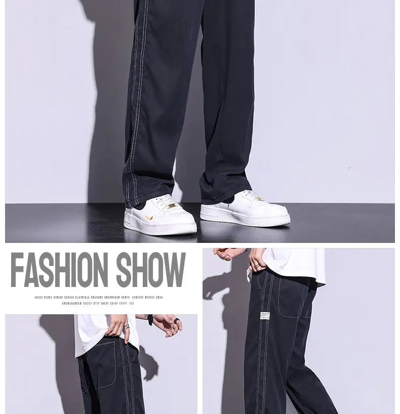 Soft Lyocell fabric men's jeans loose straight leg pants drawstring elastic waist Korean casual pants plus size M-5XL