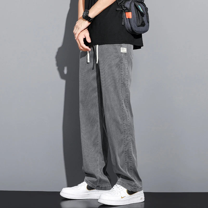 Summer men's Lyocell straight-leg jeans with drawstring waist, casual plus size M-5XL