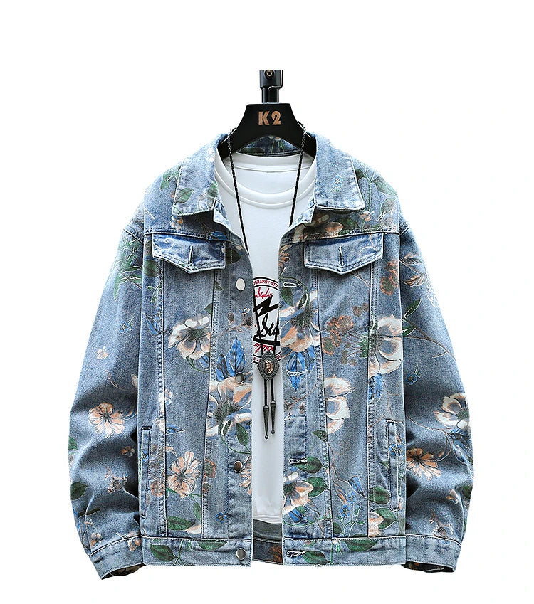 Vintage Floral Print Denim Jacket Men's Distressed Coat Streetwear Loose Fit Long Sleeve Jackets Korean Bomber Jeans Jacket