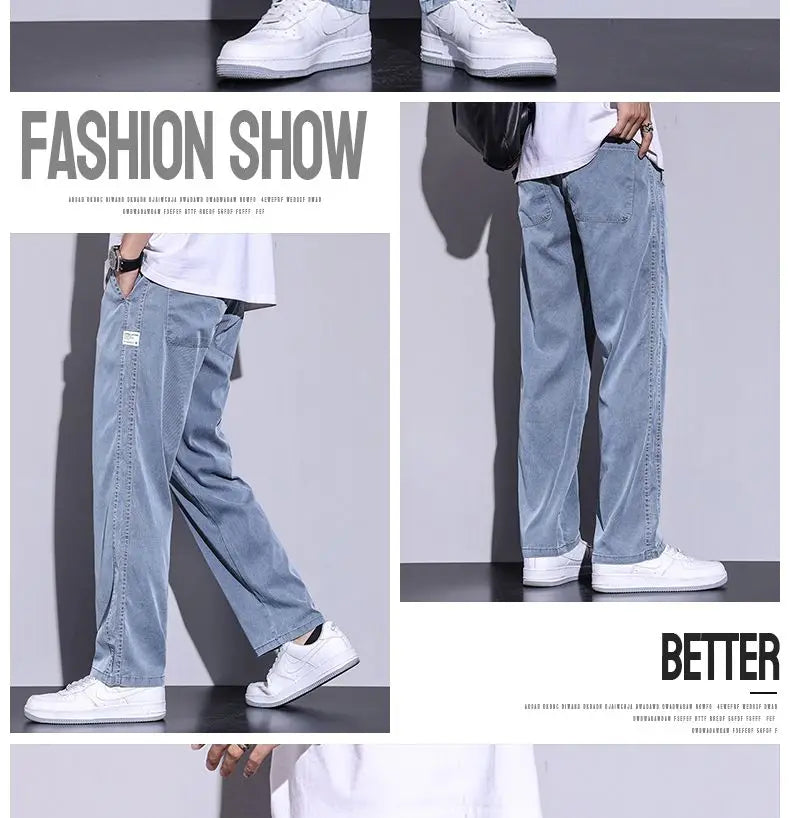 Soft Lyocell fabric men's jeans loose straight leg pants drawstring elastic waist Korean casual pants plus size M-5XL