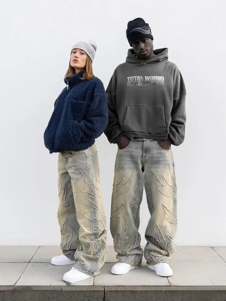 Y2K Patchwork Baggy Jeans – High Waist, Wide-Leg Harajuku Denim