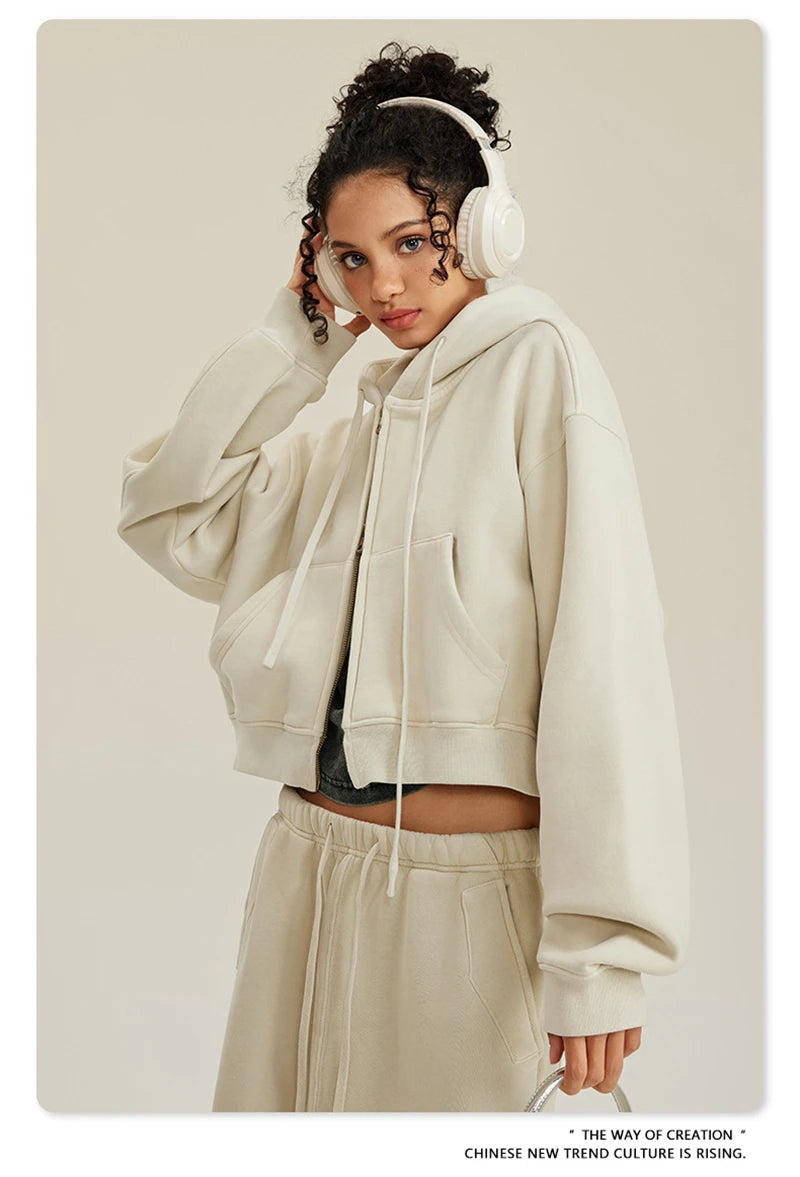 Women’s Fleece Zip Hoodie – HY0448 355gsm, thick, cropped, hooded, loose fit