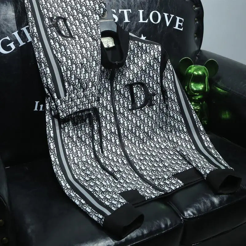 Fashion trend casual suit high-end men's long-sleeved splicing full print sports two-piece set