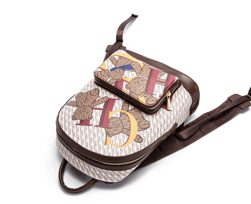 Alphabet Women's Backpack Large Capacity Design Luxury Brand Fashion Little Bear Cartoon Pattern