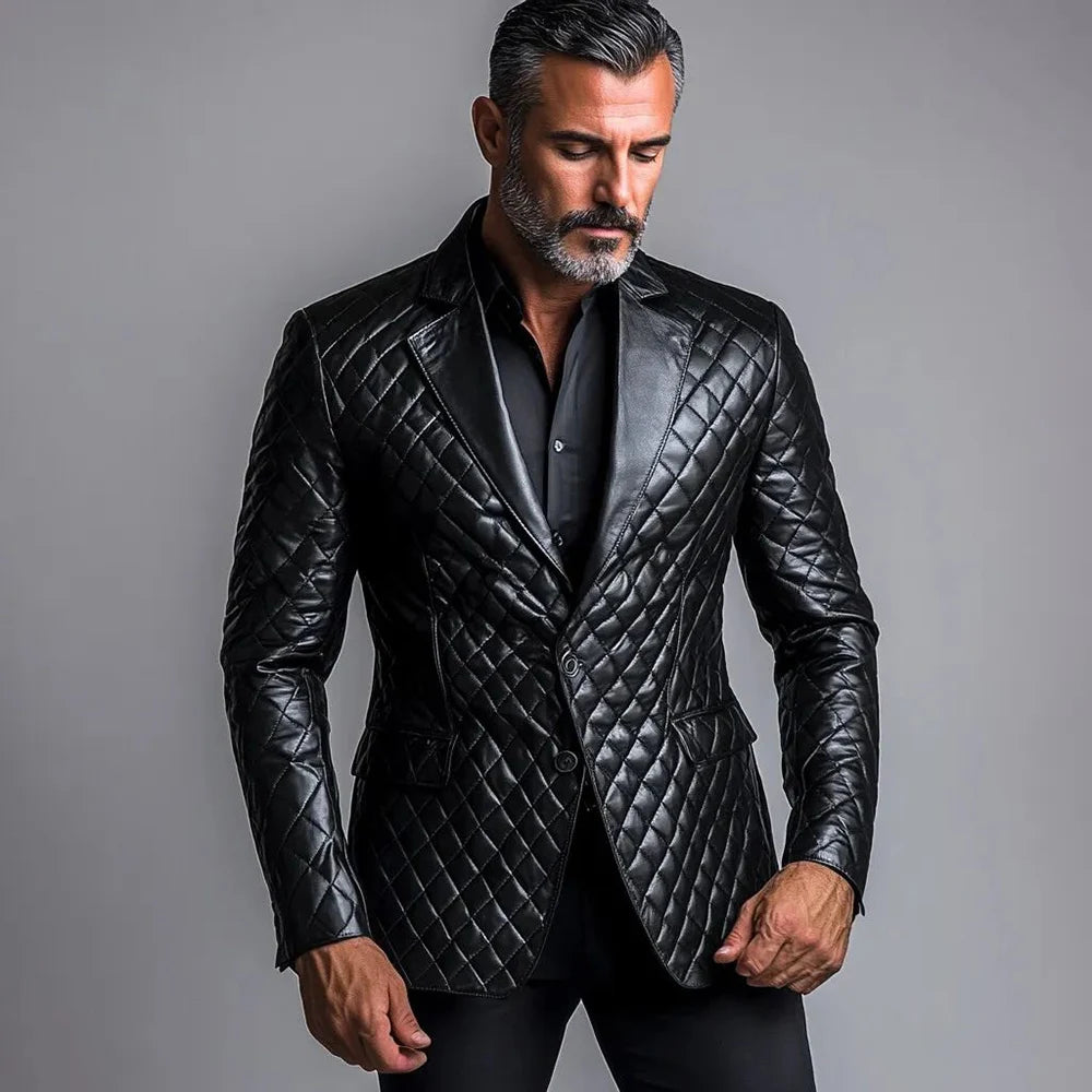 Men's PU leather blazer, single-breasted with lapel, suitable for business or casual wear in autumn