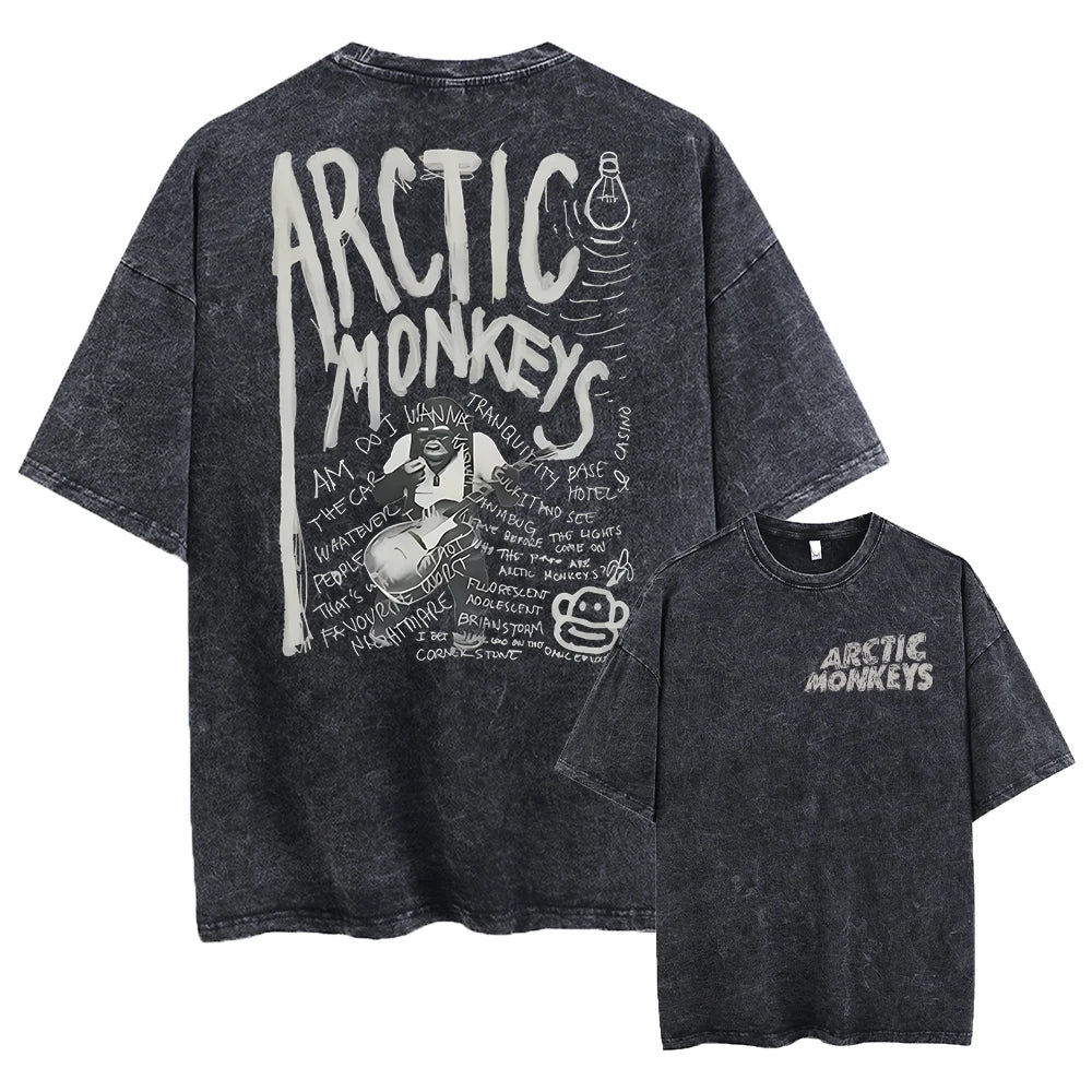 Here is a description based on your input:  Retro Arctic Monkeys Graphic T-Shirt, Vintage Washed, Oversized Fit, Y2K Style, Hip Hop Streetwear for Men