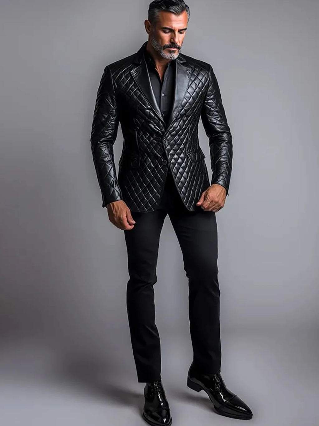 Men's PU leather blazer, single-breasted with lapel, suitable for business or casual wear in autumn