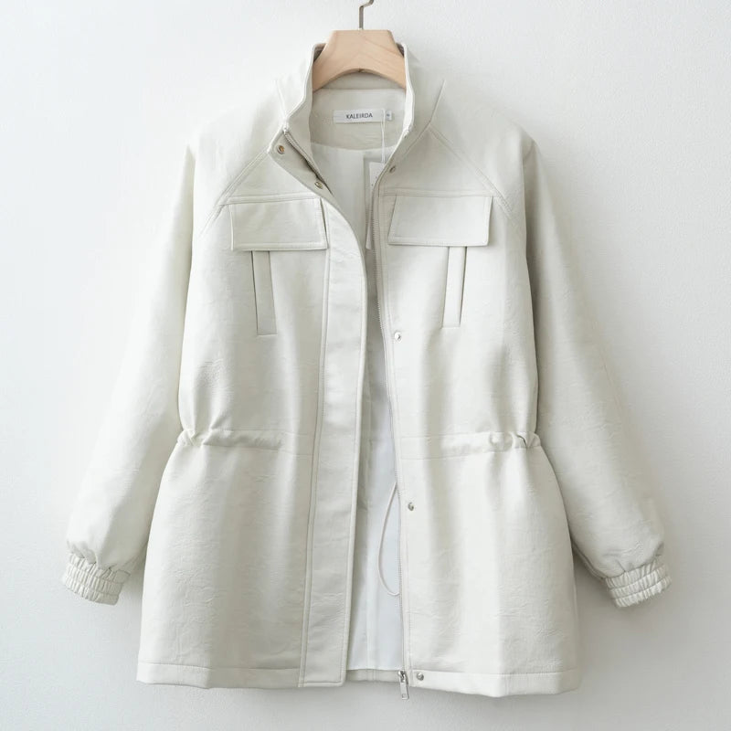 Women’s PU Leather Jacket with Adjustable Waist