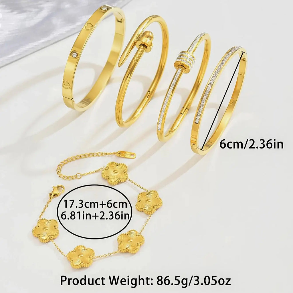 UILZ Stainless Steel Four-Leaf Clover Bracelet – Fashion Gold Bangle for Women