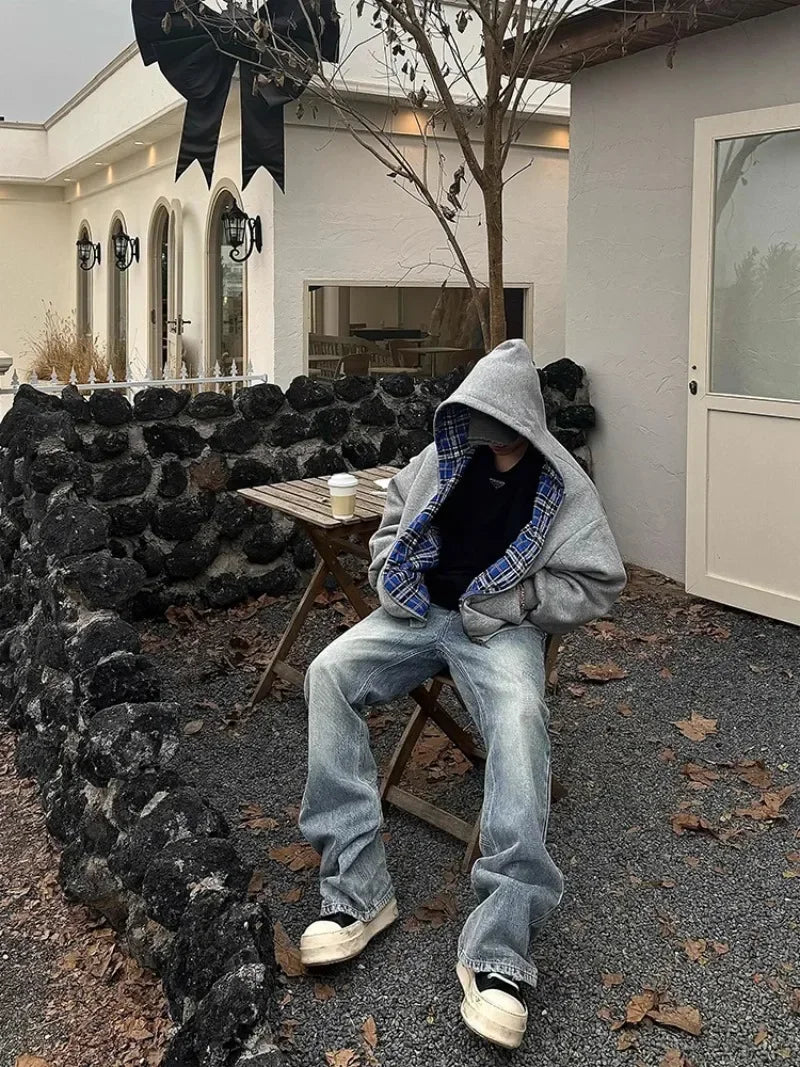 Men's Retro Zipper Hoodie with Blue Stripes and Plaid, 90s Hip Hop Style, Loose Gray Cotton Sweatshirt