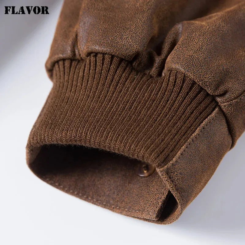 FLAVOR Men's Real Pigskin Leather Bomber Casual Jacket Stand Collar Leather Coat