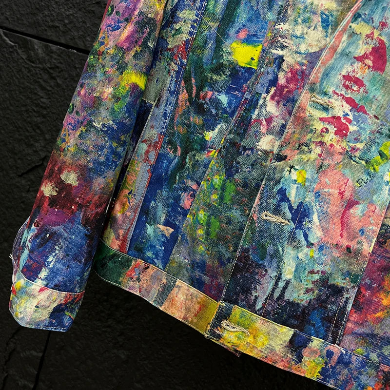 Men’s Graffiti Denim Jacket – Colorful Oil Painting Style, Trendy Loose-Fit Casual Coat