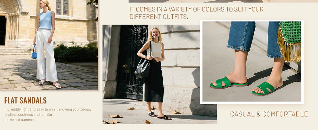 Women's Dressy Flat Sandals Comfortable Slip On Leather Slide Sandals