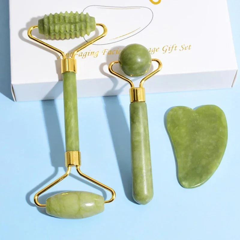 Natural Jade Roller and Gua Sha for Face and Body Massage, Eye Care, and Skin Lifting