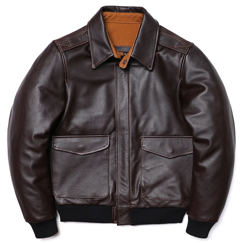 Men's A2-style genuine leather flight jacket made from cowhide and calfskin in brown