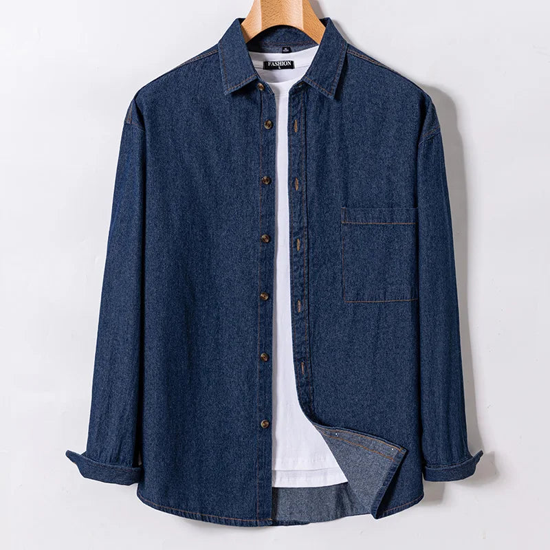 Men’s 100% Cotton Denim Shirt – Long Sleeve, Classic Fit, Pocket Design & Embroidery